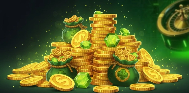 Jeetcity casino scene with stacks of gold coins and glowing effects